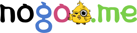 nogoo.me written in colored text. A yellow chick with a magnifier stand in front of the third letter O.